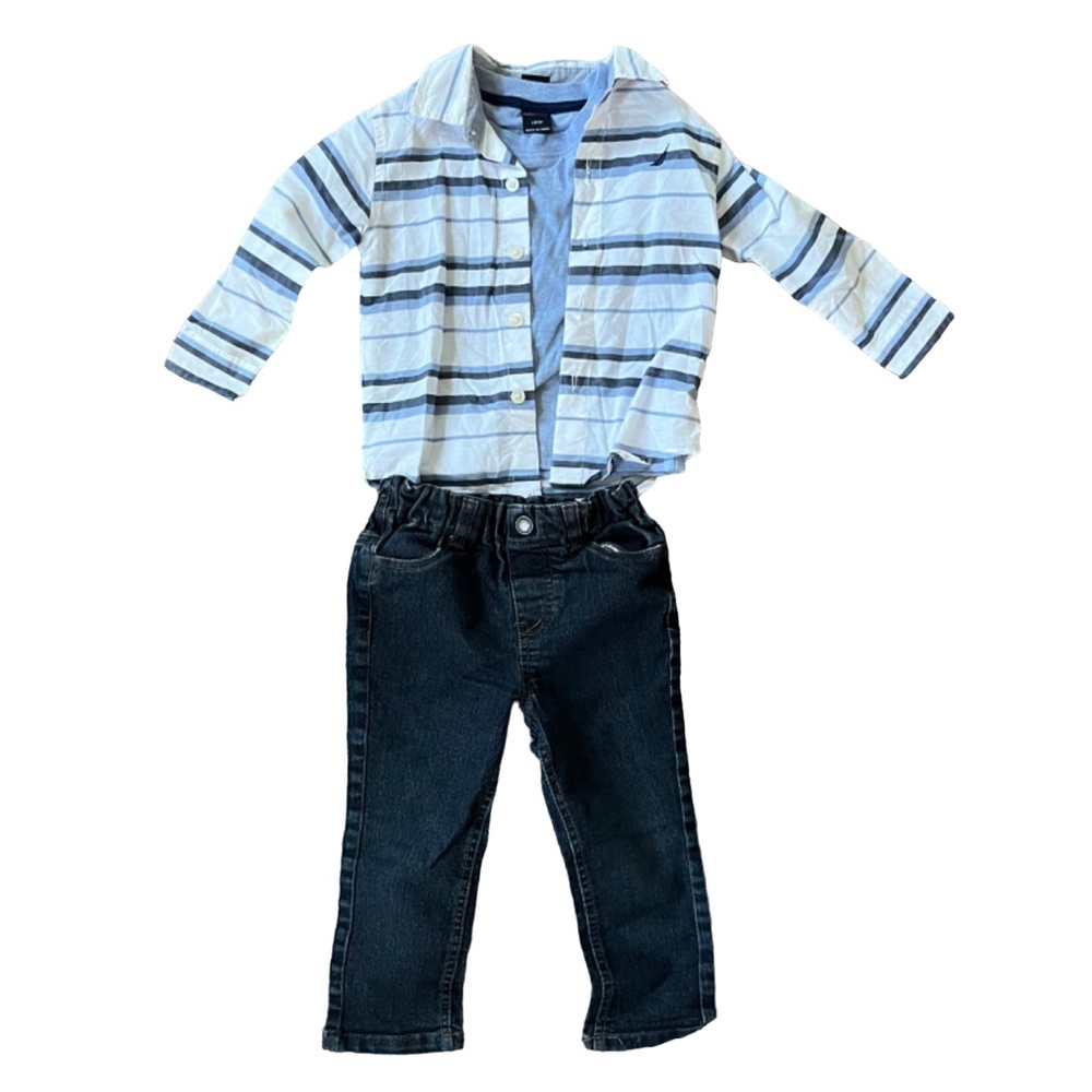 3-Piece Nautica Boys Outfit, Jeans, Blue T-Shirt & Striped Button-Up, 18 Months